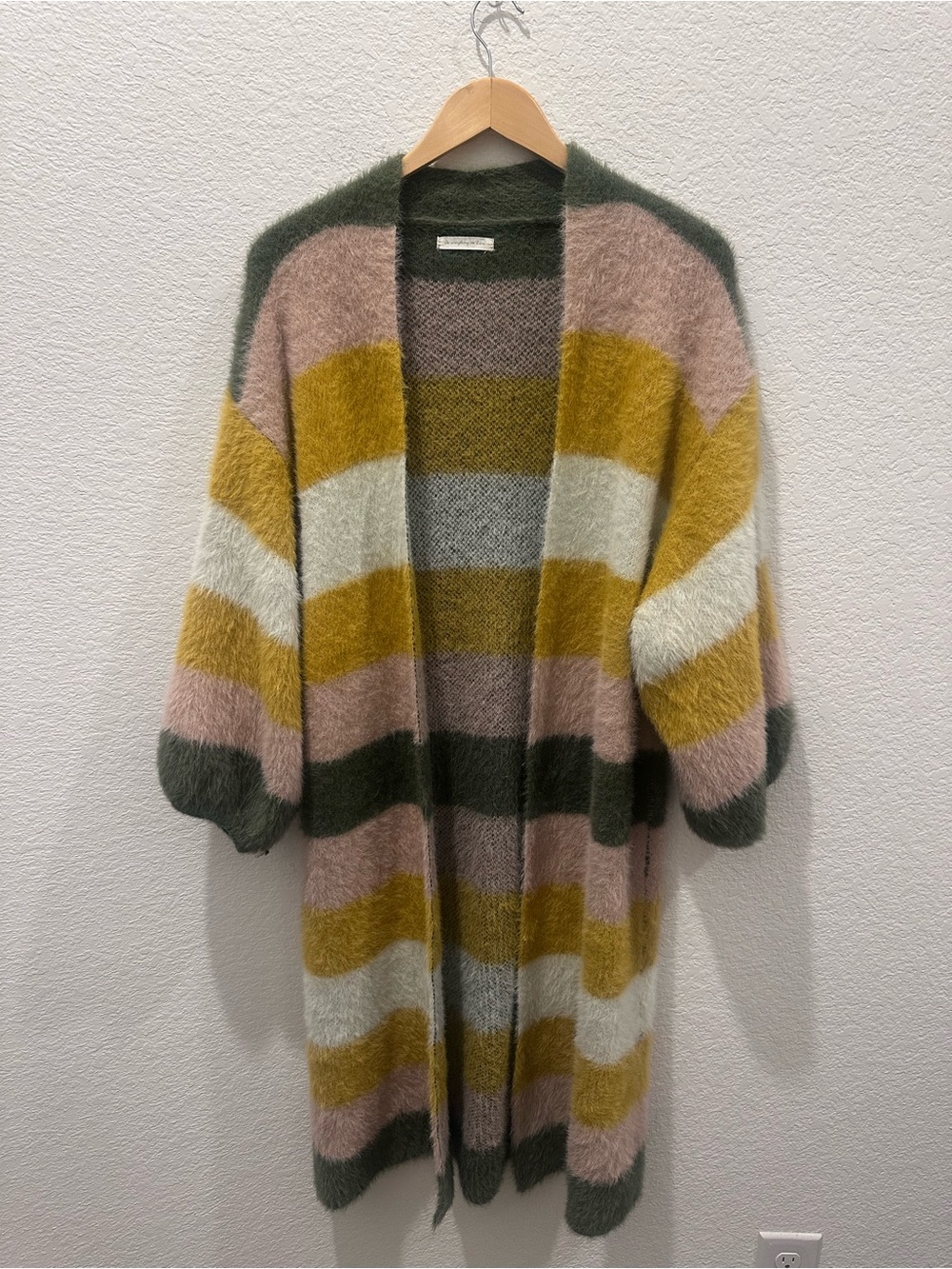 Do Everything In Love Fuzzy Striped Cardigan Duster Balloon Sleeve Earth Tones